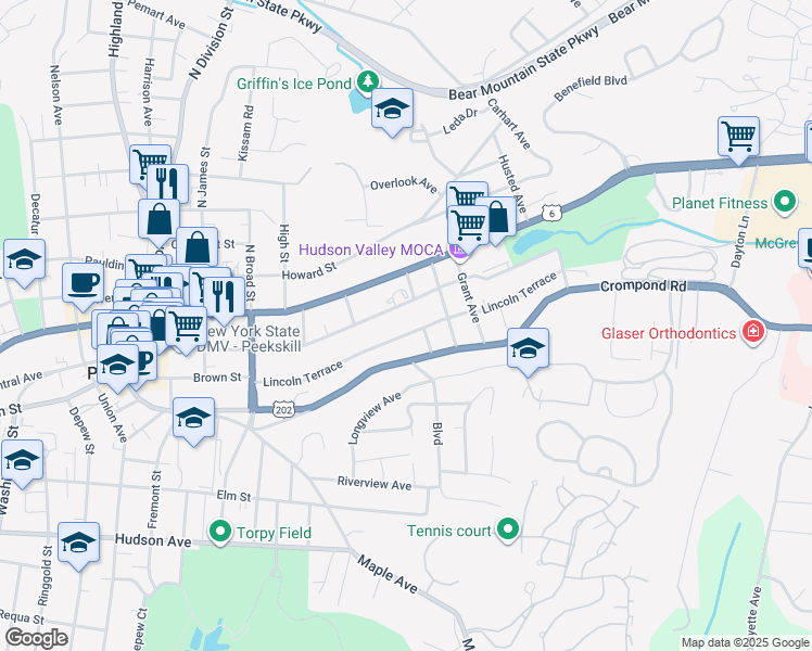 map of restaurants, bars, coffee shops, grocery stores, and more near 1431 Park Street in Peekskill