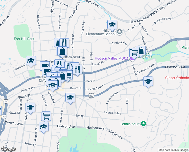 map of restaurants, bars, coffee shops, grocery stores, and more near 1222 Main Street in Peekskill