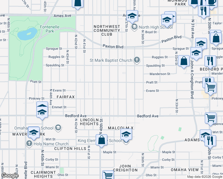 map of restaurants, bars, coffee shops, grocery stores, and more near 3552 North 38th Street in Omaha