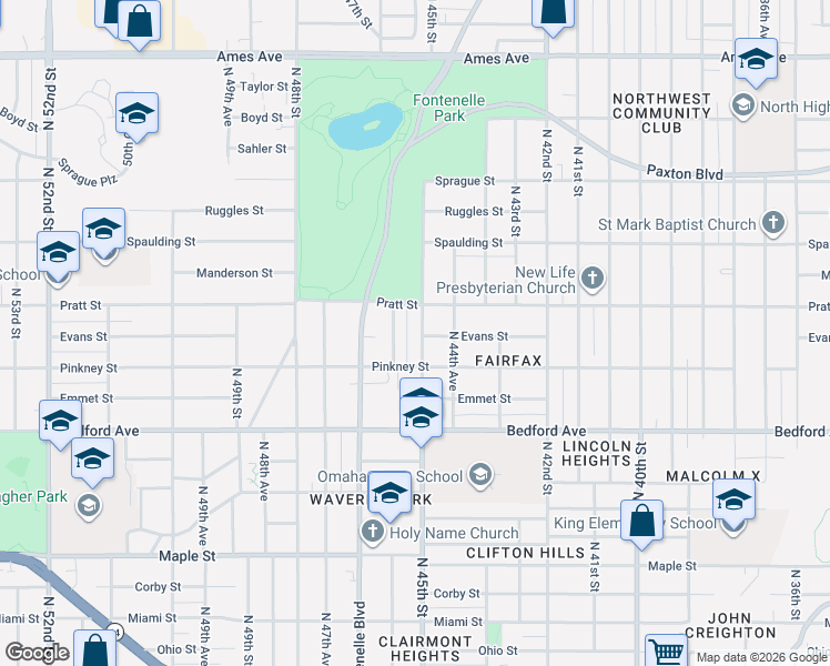 map of restaurants, bars, coffee shops, grocery stores, and more near 4475 Pratt Street in Omaha