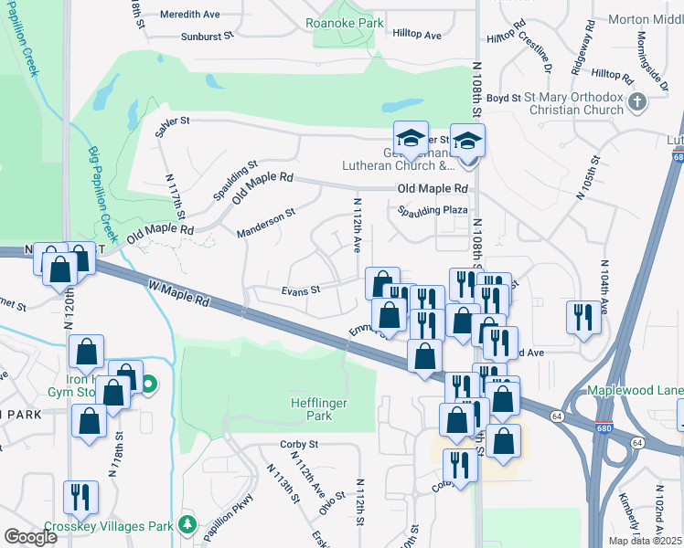 map of restaurants, bars, coffee shops, grocery stores, and more near 3616 Lake Forest Court in Omaha
