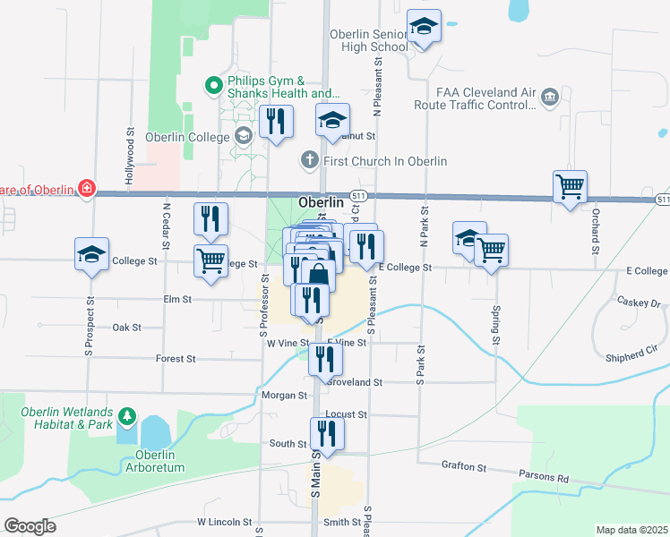map of restaurants, bars, coffee shops, grocery stores, and more near 19 East College Street in Oberlin