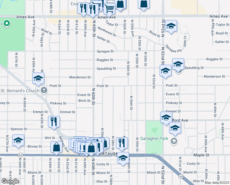 map of restaurants, bars, coffee shops, grocery stores, and more near 3527 North 58th Street in Omaha