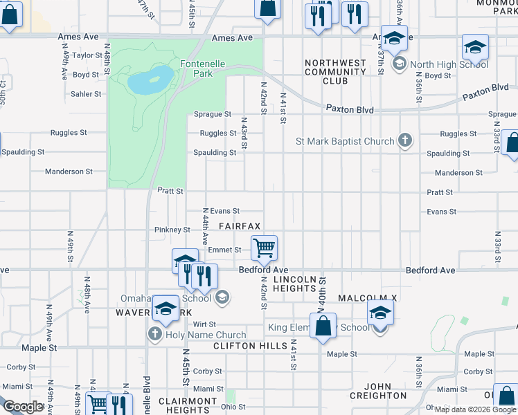 map of restaurants, bars, coffee shops, grocery stores, and more near 3614 North 42nd Street in Omaha
