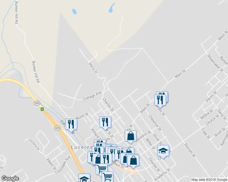 map of restaurants, bars, coffee shops, grocery stores, and more near 901 Miller Street in Luzerne