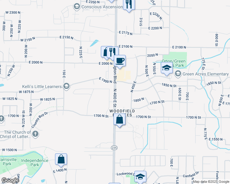 map of restaurants, bars, coffee shops, grocery stores, and more near 1853 Utah 235 in North Ogden