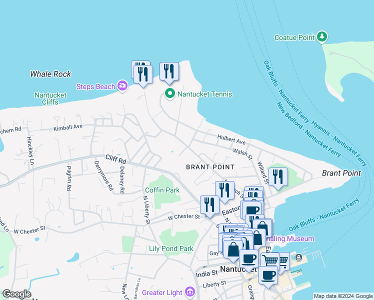 map of restaurants, bars, coffee shops, grocery stores, and more near 8 Charles Street in Nantucket