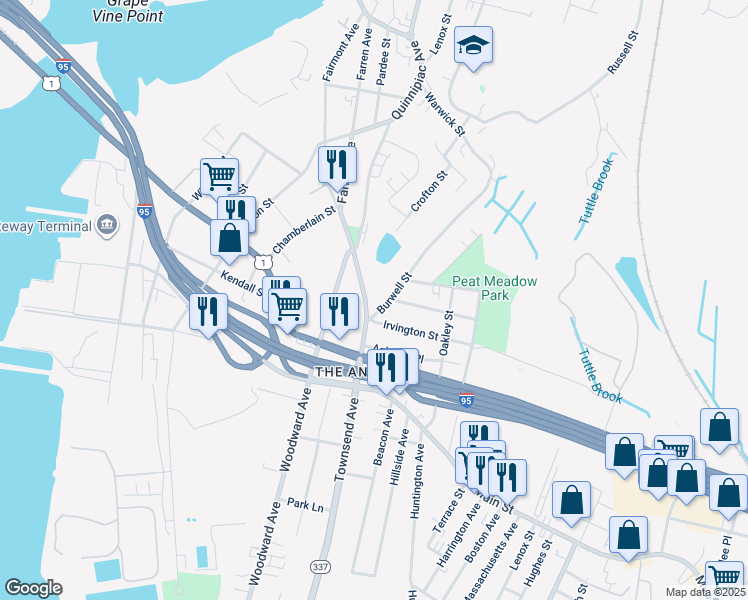 map of restaurants, bars, coffee shops, grocery stores, and more near 1300 Townsend Avenue in New Haven
