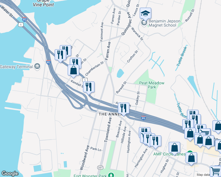 map of restaurants, bars, coffee shops, grocery stores, and more near 1300 Townsend Avenue in New Haven