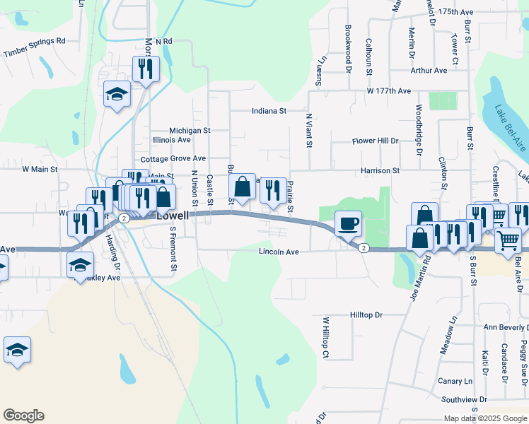 map of restaurants, bars, coffee shops, grocery stores, and more near 109 Oak St in Lowell