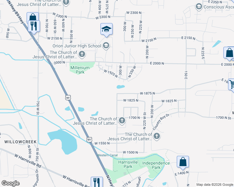 map of restaurants, bars, coffee shops, grocery stores, and more near 512 West 1875 North in Harrisville