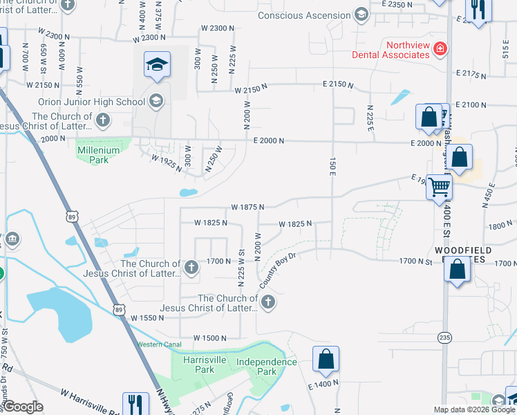 map of restaurants, bars, coffee shops, grocery stores, and more near West 1875 North in North Ogden