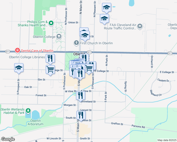 map of restaurants, bars, coffee shops, grocery stores, and more near 43 East College Street in Oberlin