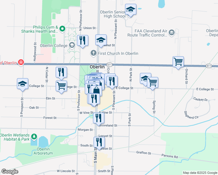 map of restaurants, bars, coffee shops, grocery stores, and more near 43 East College Street in Oberlin