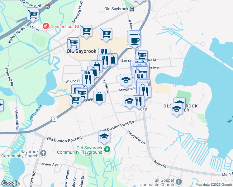 map of restaurants, bars, coffee shops, grocery stores, and more near 59 Maynard Road in Old Saybrook