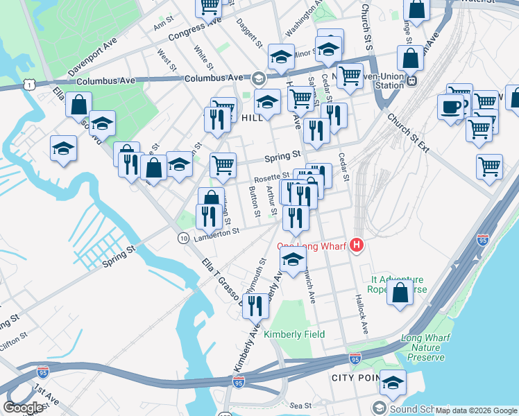 map of restaurants, bars, coffee shops, grocery stores, and more near 21 Button Street in New Haven