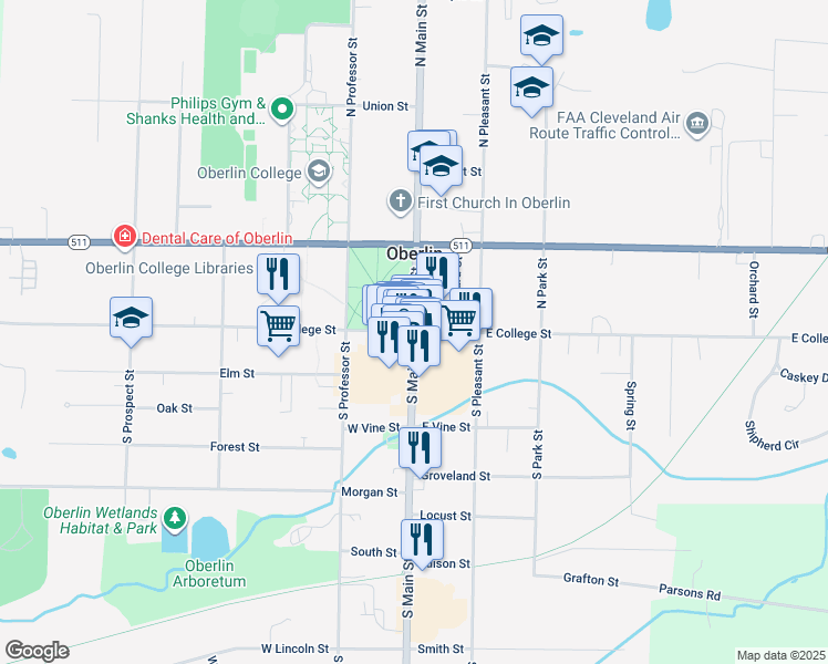 map of restaurants, bars, coffee shops, grocery stores, and more near 2 East College Street in Oberlin