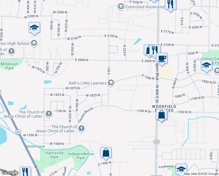 map of restaurants, bars, coffee shops, grocery stores, and more near 141 East 1875 in North Ogden