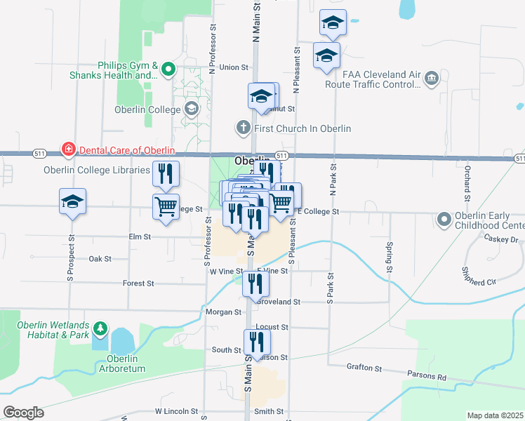 map of restaurants, bars, coffee shops, grocery stores, and more near 24 East College Street in Oberlin