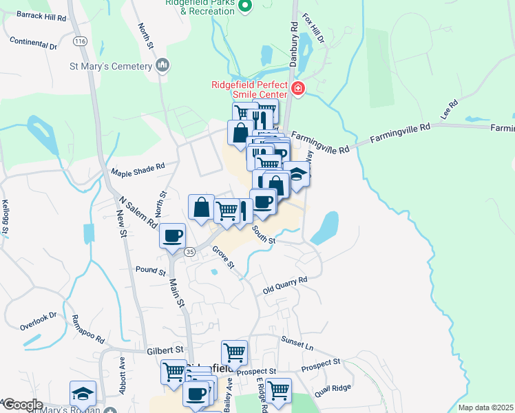 map of restaurants, bars, coffee shops, grocery stores, and more near 77 Danbury Road in Ridgefield