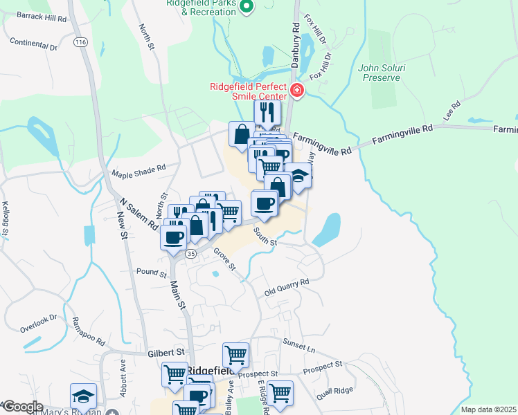 map of restaurants, bars, coffee shops, grocery stores, and more near 77 Danbury Road in Ridgefield
