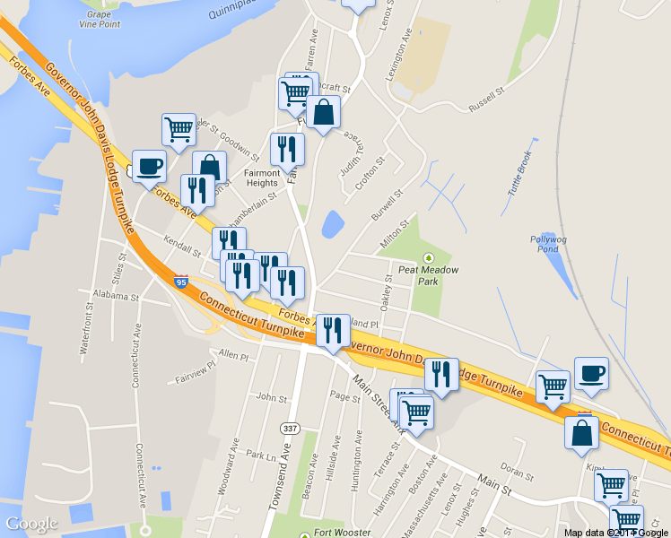 map of restaurants, bars, coffee shops, grocery stores, and more near 44 Burwell St in New Haven