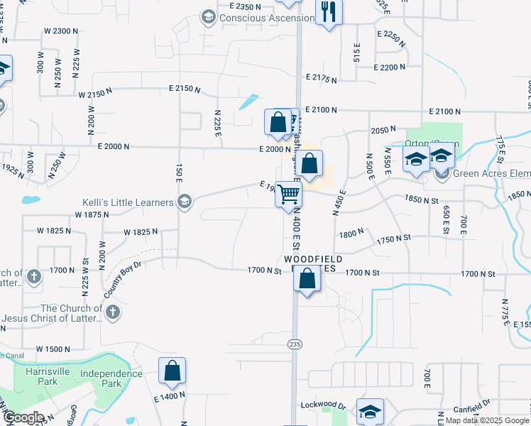 map of restaurants, bars, coffee shops, grocery stores, and more near 385 East 1900 North in North Ogden