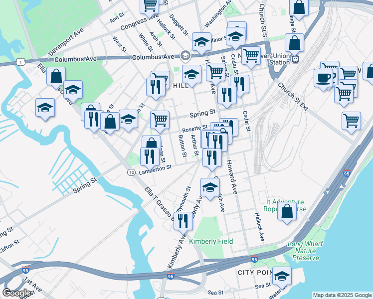 map of restaurants, bars, coffee shops, grocery stores, and more near 33 Button Street in New Haven