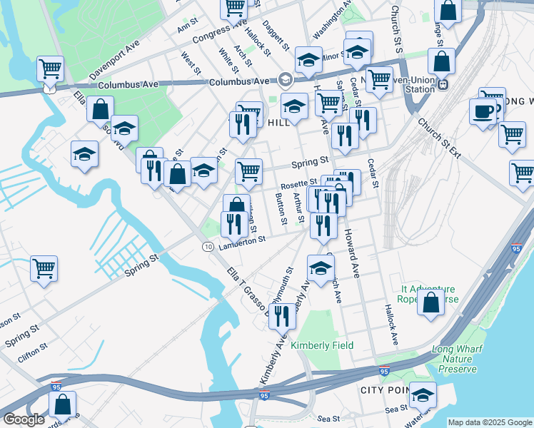 map of restaurants, bars, coffee shops, grocery stores, and more near 48 Hurlburt Street in New Haven