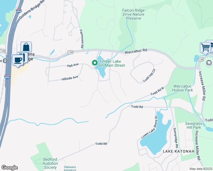 map of restaurants, bars, coffee shops, grocery stores, and more near 23 Lake Street in Goldens Bridge