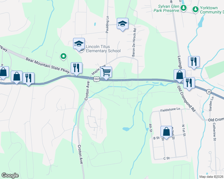 map of restaurants, bars, coffee shops, grocery stores, and more near 14 Buttonwood Road in Cortlandt
