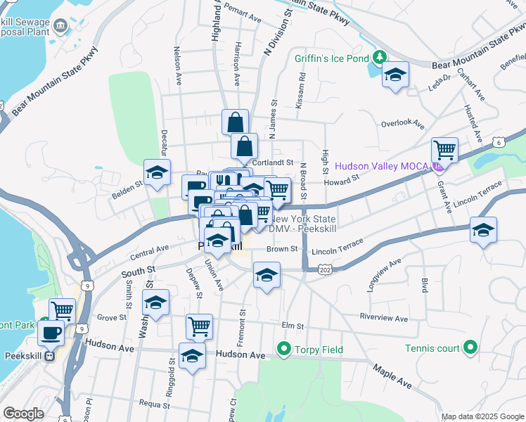 map of restaurants, bars, coffee shops, grocery stores, and more near in Peekskill