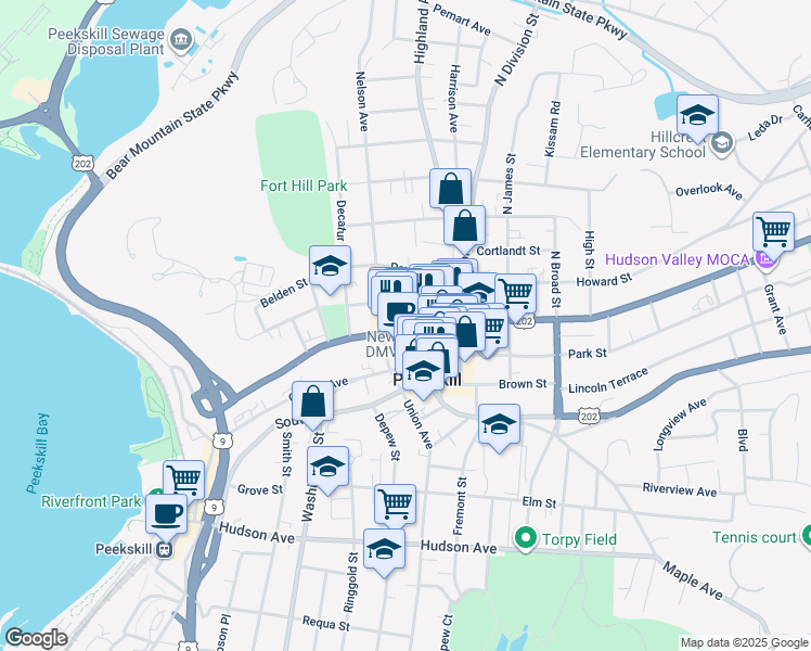 map of restaurants, bars, coffee shops, grocery stores, and more near 922 Main Street in Peekskill