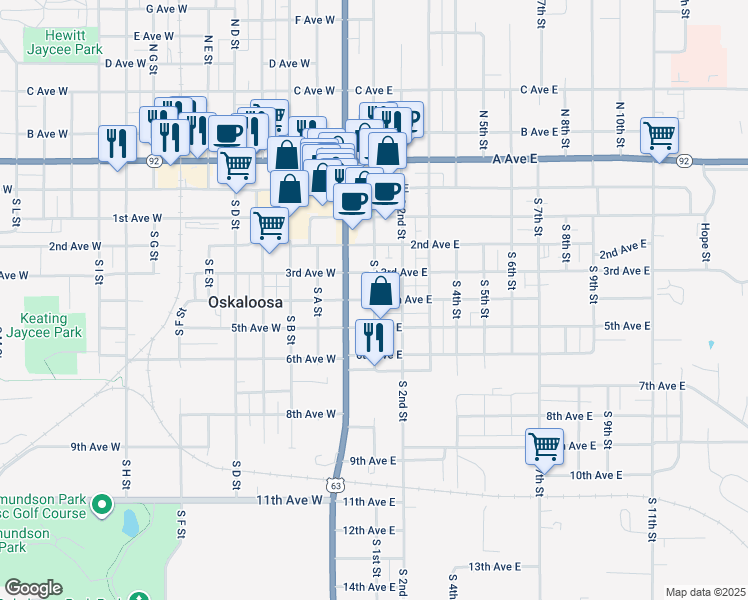 map of restaurants, bars, coffee shops, grocery stores, and more near 199 4th Ave E in Oskaloosa