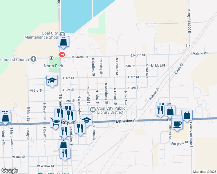 map of restaurants, bars, coffee shops, grocery stores, and more near 530 East 3rd Street in Coal City