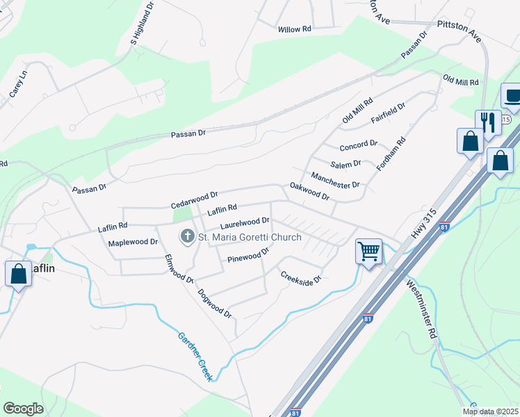 map of restaurants, bars, coffee shops, grocery stores, and more near 70 Laflin Road in Wilkes-Barre