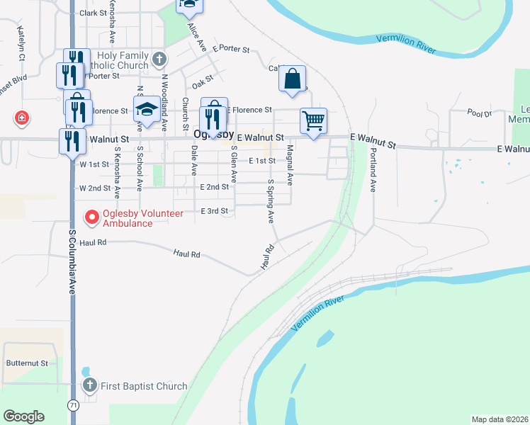 map of restaurants, bars, coffee shops, grocery stores, and more near 245 East 3rd Street in Oglesby