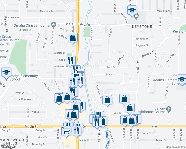 map of restaurants, bars, coffee shops, grocery stores, and more near Evans St & Keystone Dr in Omaha
