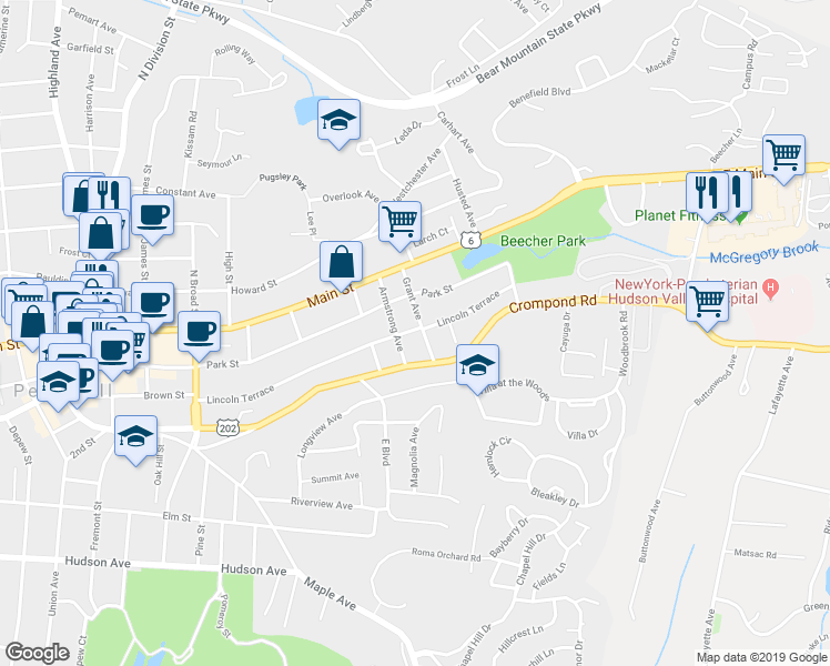 map of restaurants, bars, coffee shops, grocery stores, and more near 1619 Lincoln Terrace in Peekskill