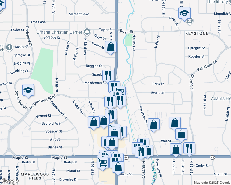 map of restaurants, bars, coffee shops, grocery stores, and more near 3609 N 90th St in Omaha