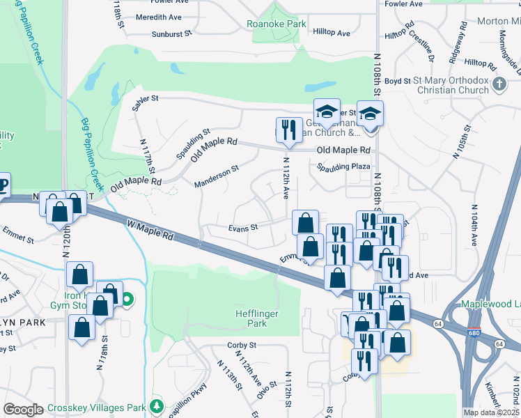 map of restaurants, bars, coffee shops, grocery stores, and more near 3616 Lake Forest Court in Omaha
