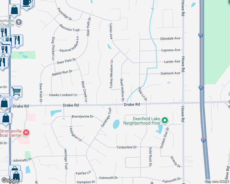 map of restaurants, bars, coffee shops, grocery stores, and more near 17167 Turkey Meadow Lane in Strongsville