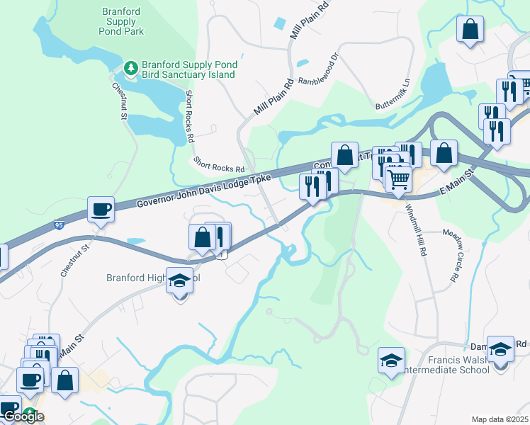 map of restaurants, bars, coffee shops, grocery stores, and more near 16 Mill Plain Road in Branford
