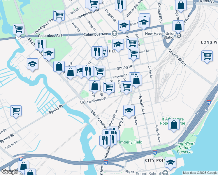 map of restaurants, bars, coffee shops, grocery stores, and more near 48 Hurlburt Street in New Haven