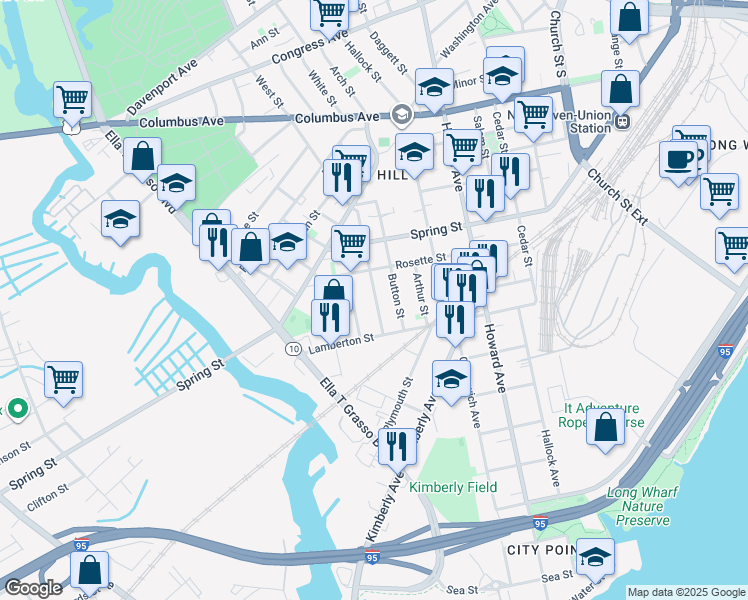 map of restaurants, bars, coffee shops, grocery stores, and more near 48 Hurlburt Street in New Haven