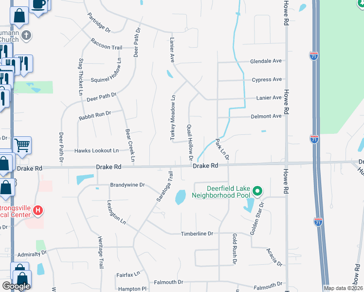 map of restaurants, bars, coffee shops, grocery stores, and more near 17167 Turkey Meadow Lane in Strongsville