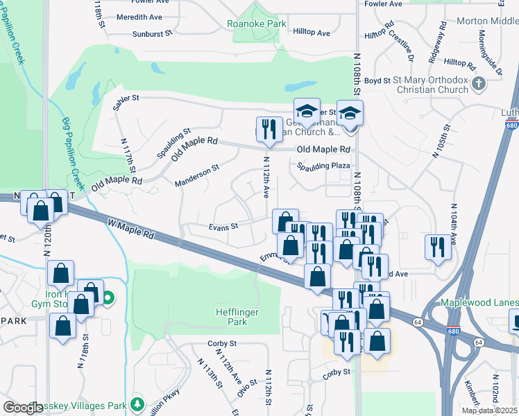 map of restaurants, bars, coffee shops, grocery stores, and more near 3621 North 112th Avenue in Omaha