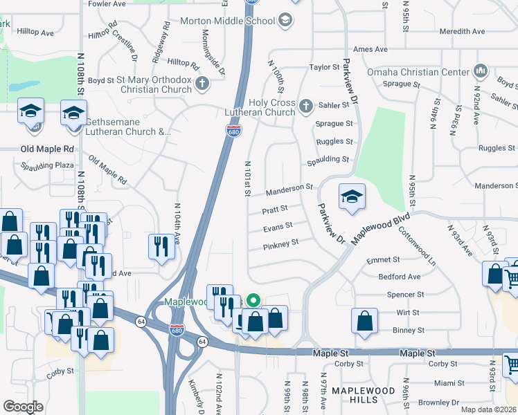 map of restaurants, bars, coffee shops, grocery stores, and more near 10012 Pratt Street in Omaha