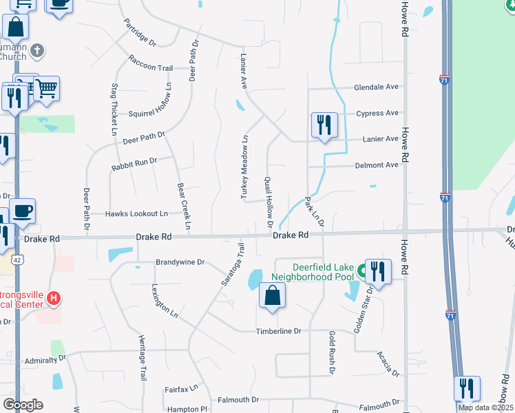 map of restaurants, bars, coffee shops, grocery stores, and more near 17167 Turkey Meadow Lane in Strongsville