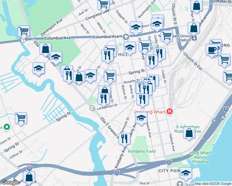 map of restaurants, bars, coffee shops, grocery stores, and more near 44 Hurlburt Street in New Haven